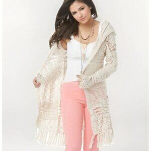 Bethany Moda Ecru Beige Knit Boho Fringe Hooded Open Front Long Line Cardigan L